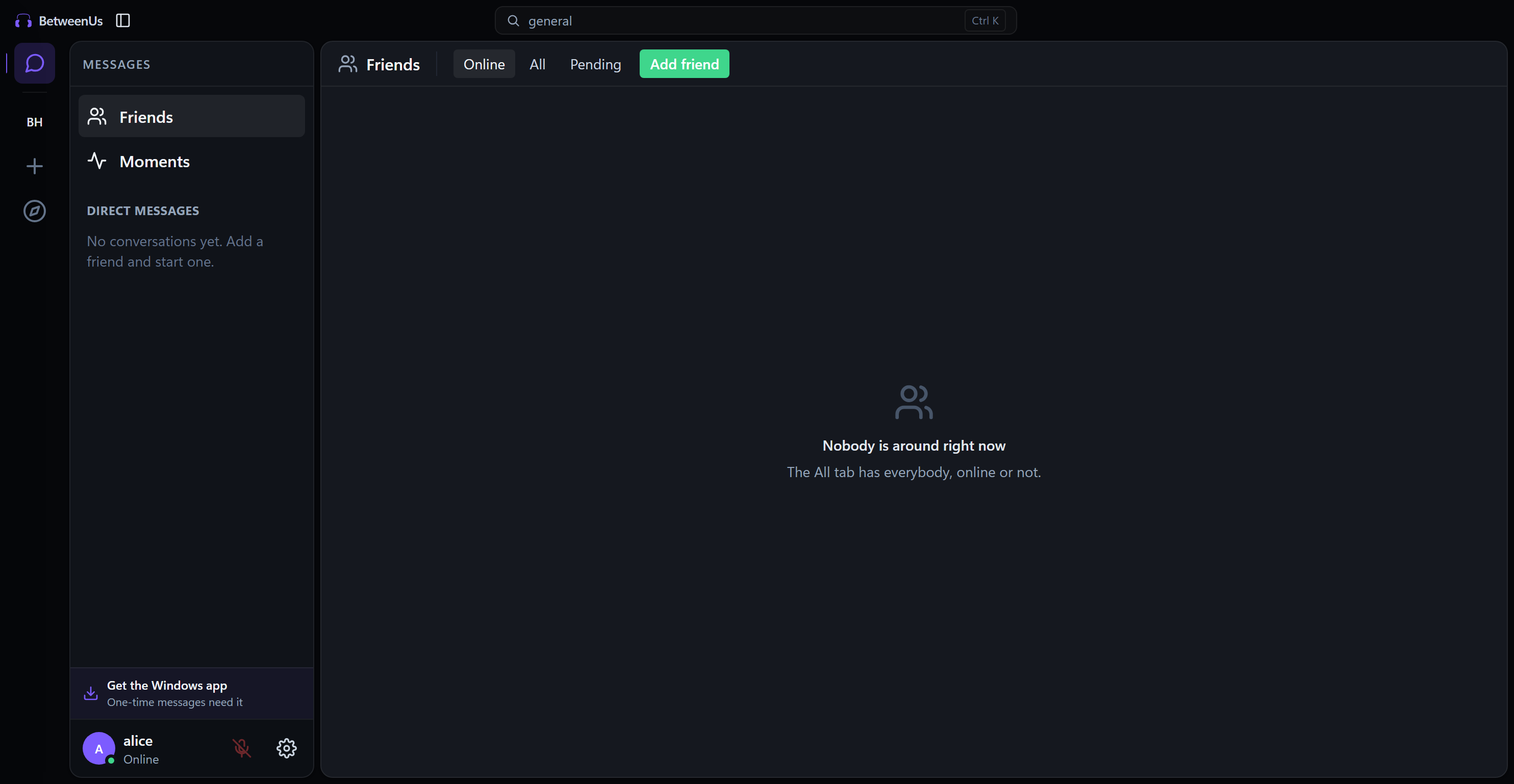 Friends and Direct Messages on Desktop
